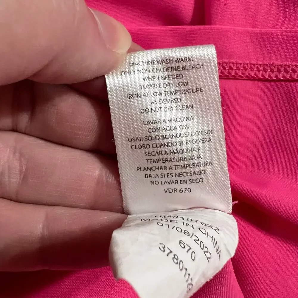 Eddie Bauer Girls Swimsuit Rashguard Top Short Sleeve Pullover Pink Green Medium